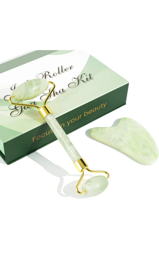 Jade Roller Set Rosenquarz Gua Sha Stein und Gesichtsroller Massageroller Grün